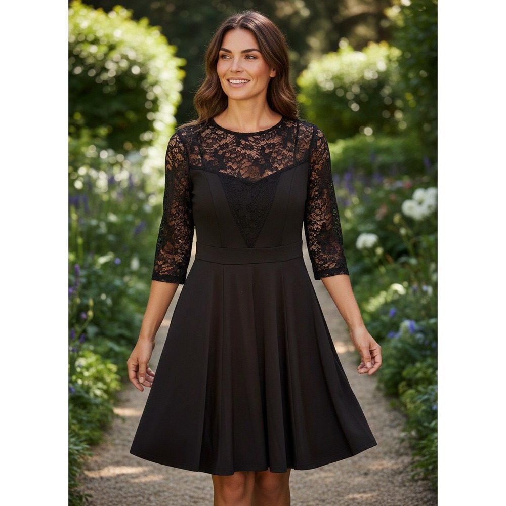 Black Lace Yoke 3/4 Sleeve Fit and Flare‎ Cocktail Dress Small